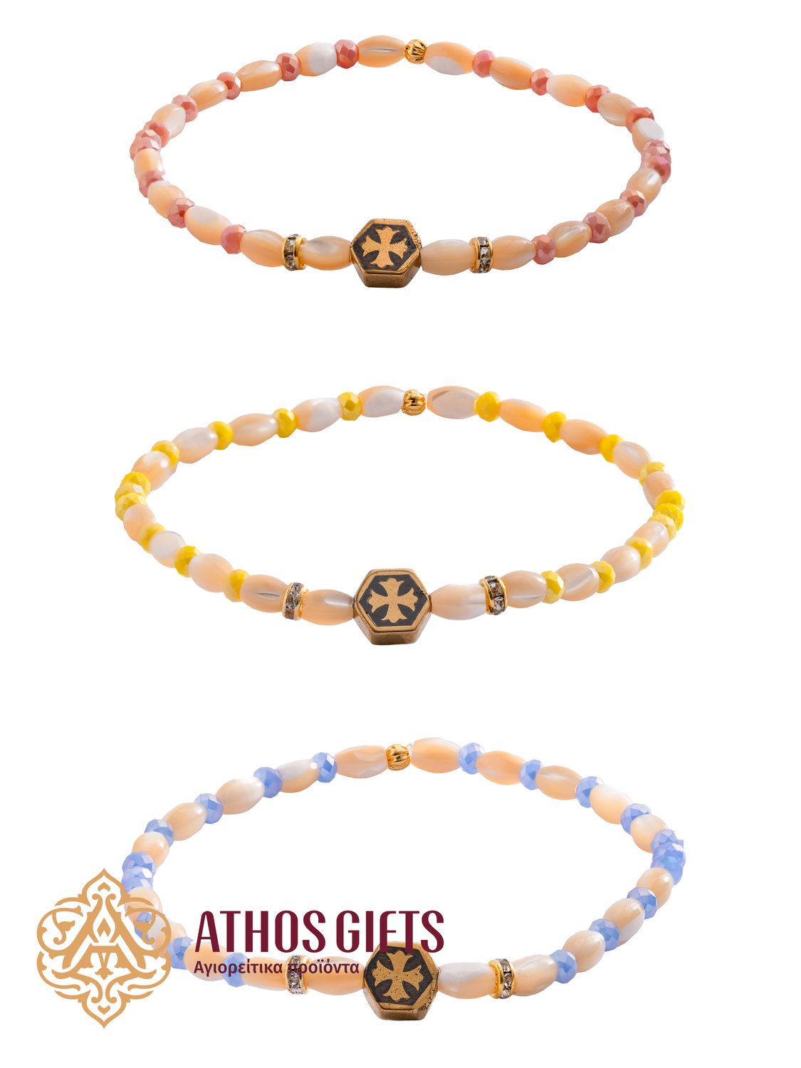 Bracelet made of plastic beads with metal inserts woven into it featuring an equal-armed cross