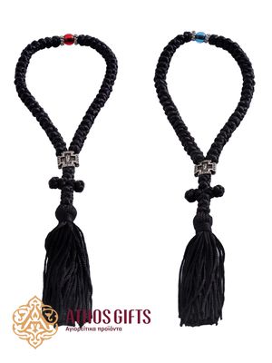 Prayer rope with a braided cross and tassel, a metal insert with the image of the Mother of God, and a plastic rhinestone