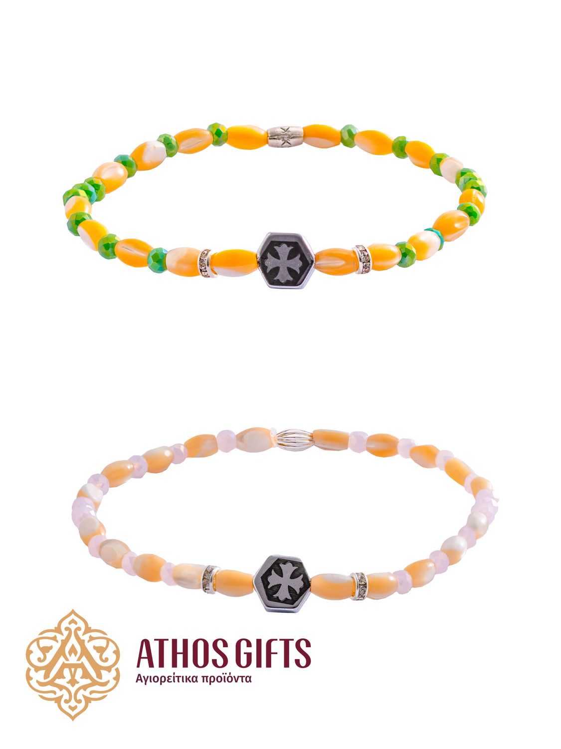 Bracelet made of plastic beads with metal inserts woven into it featuring an equal-armed cross
