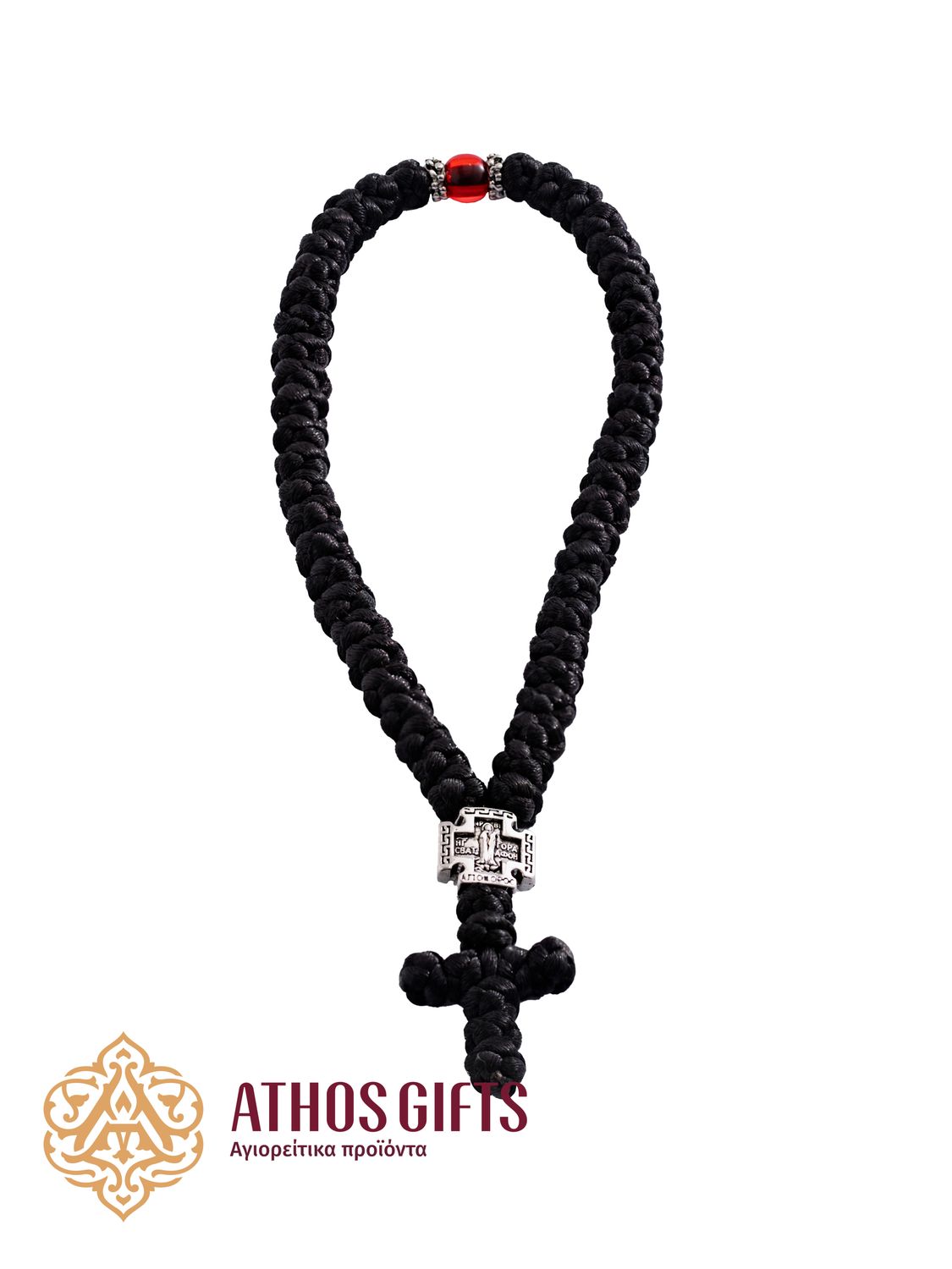 Prayer rope with 50 knots, featuring a braided cross and a metal insert with the image of the Mother of God
