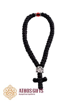 Prayer rope with 50 knots, featuring a braided cross and a metal insert with the image of the Mother of God