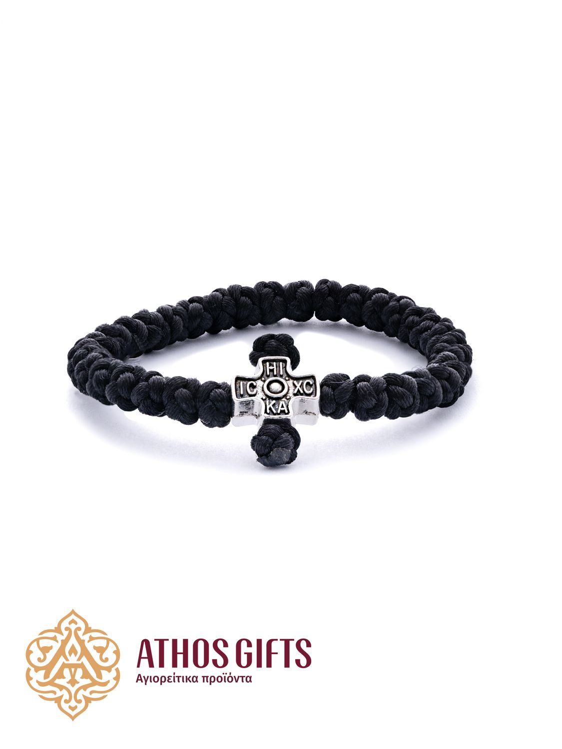 Braided prayer rope bracelet (komboskini) with a metal cross featuring the Christogram ΙΣ ΧΣ ΝΙ ΚΑ.