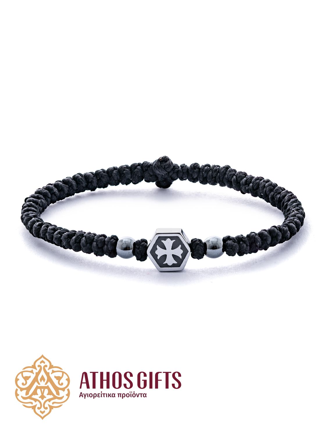 Braided prayer rope bracelet (komboskini) with a cross and hematite bead inserts.