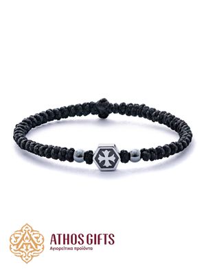Braided prayer rope bracelet (komboskini) with a cross and hematite bead inserts.