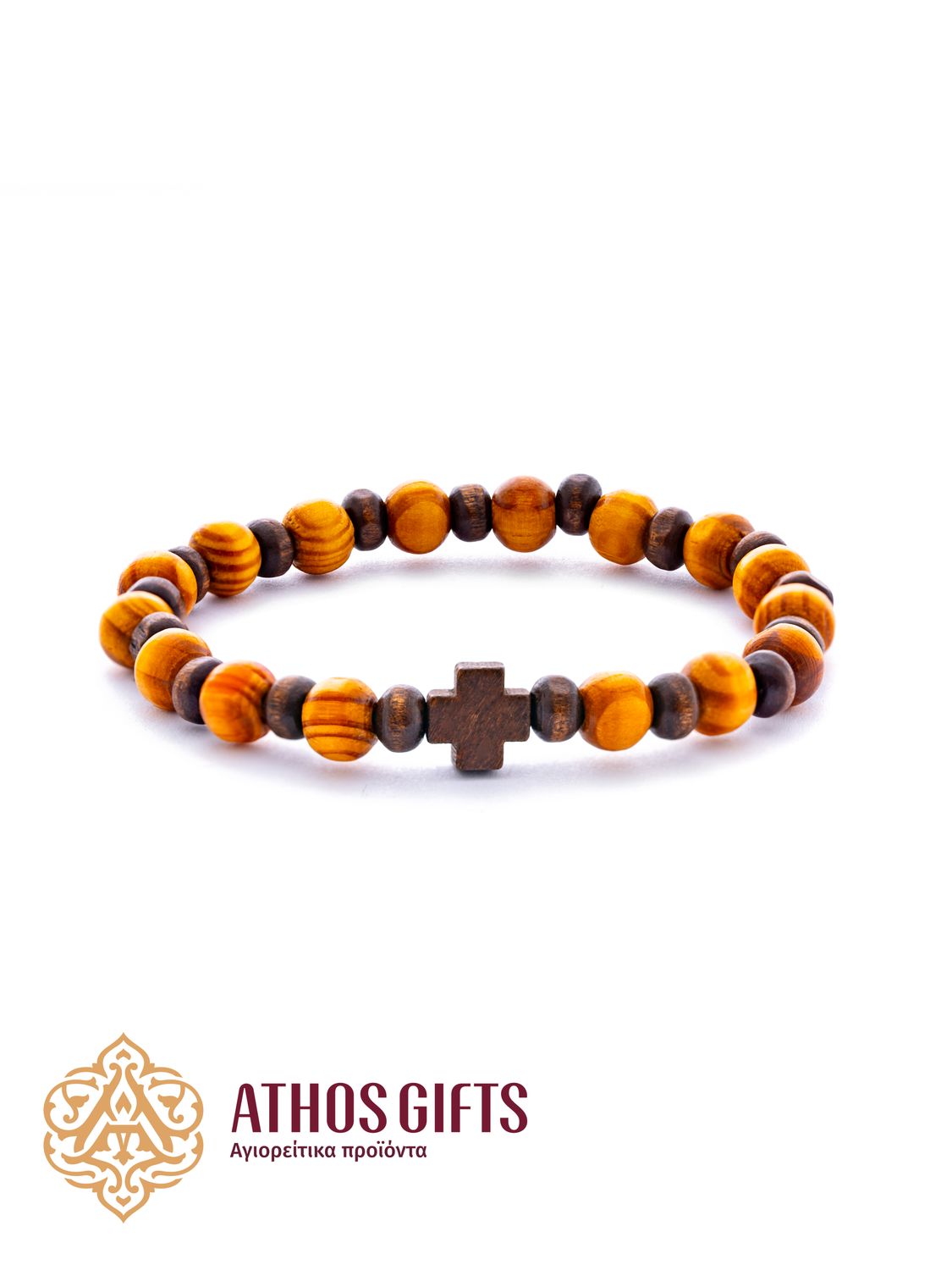 Bracelet made of wooden beads in two different colors with a wooden cross.