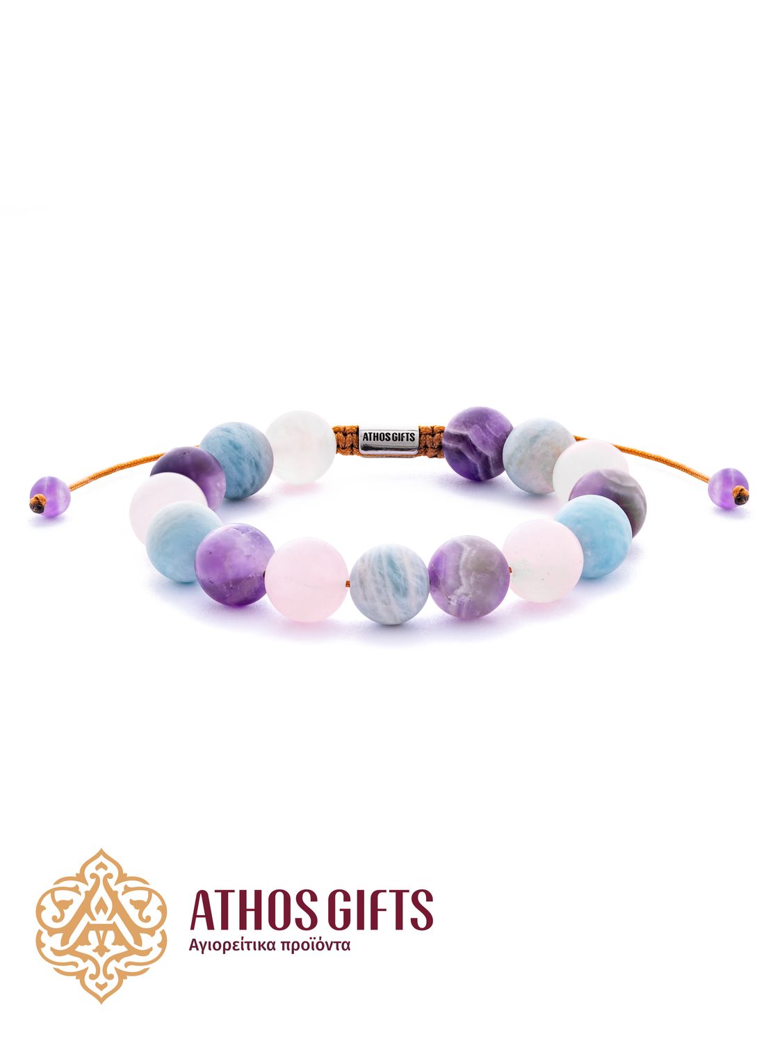 Handmade bracelet made of amethyst, quartz, and aquamarine