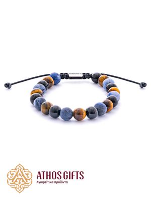 Handmade bracelet made of tiger’s eye, onyx, and sodalite.