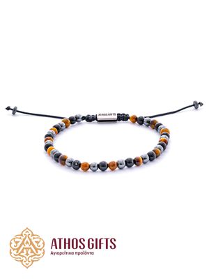 Handmade bracelet made of tiger’s eye, onyx, and hematite.