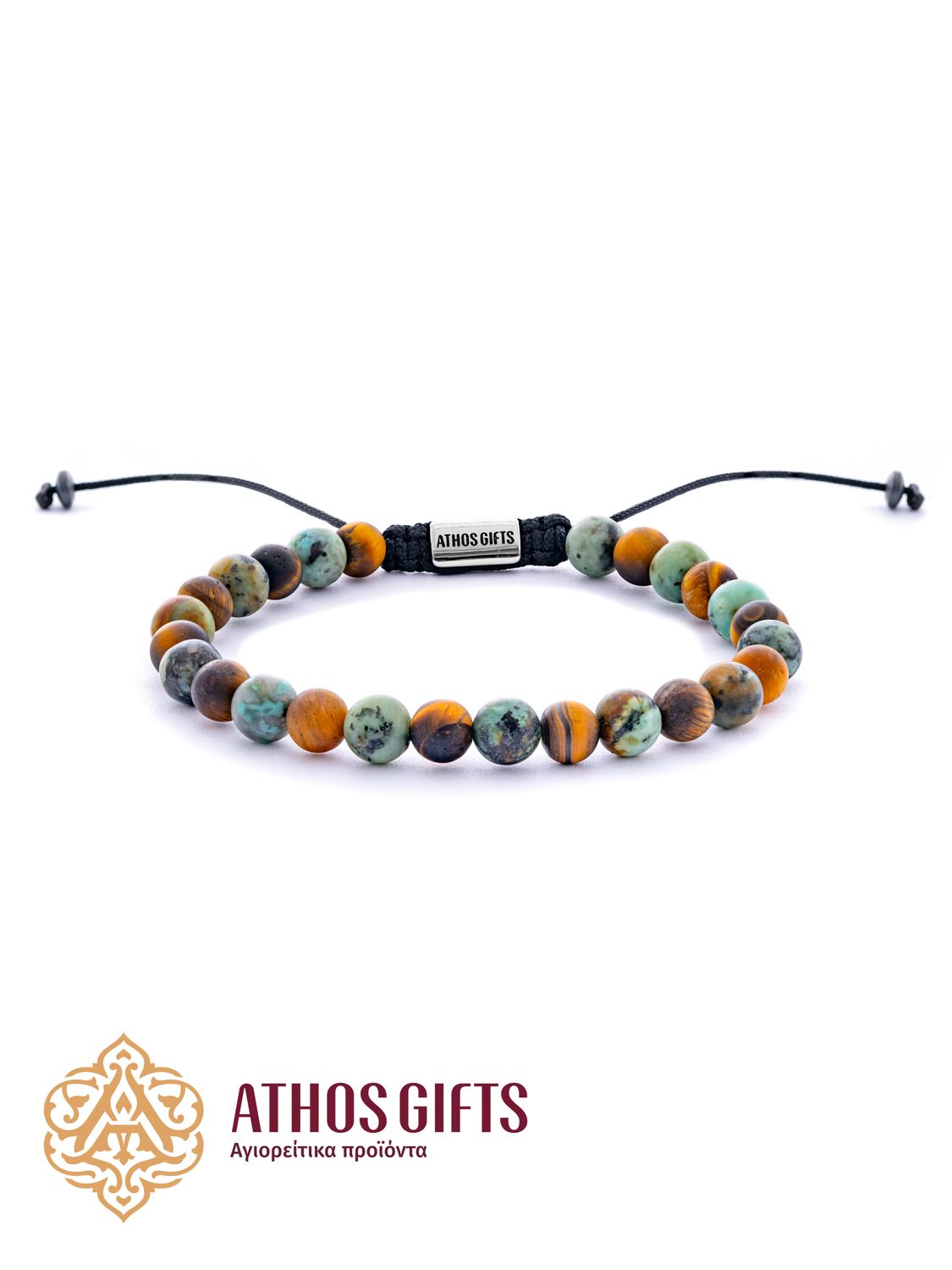 Handmade bracelet made of African turquoise and tiger’s eye on a wax-coated cord
