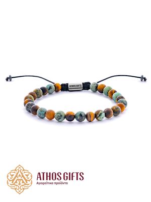 Handmade bracelet made of African turquoise and tiger’s eye on a wax-coated cord