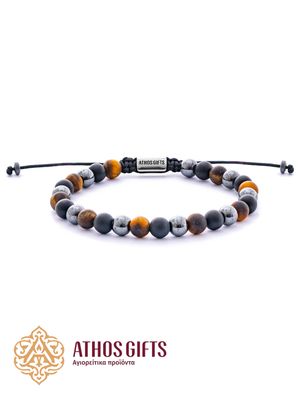Handmade bracelet made of tiger’s eye, onyx, and hematite.
