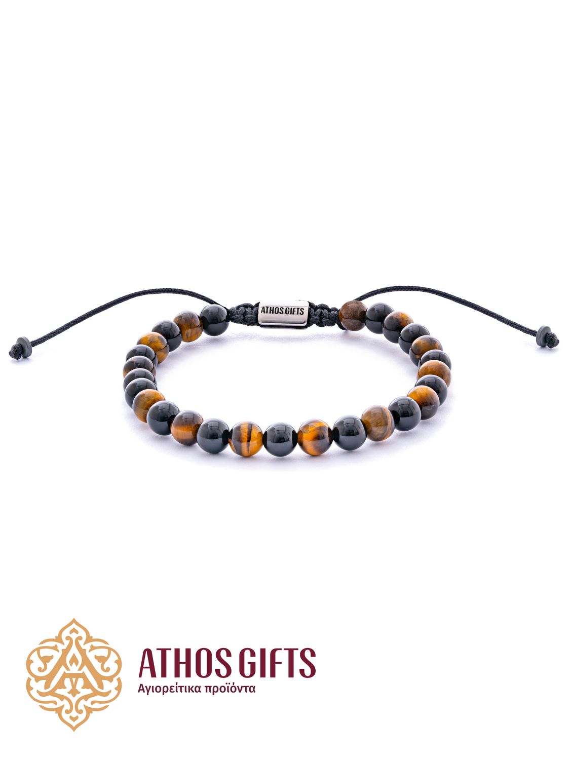 Handmade bracelet made of tiger’s eye and onyx.