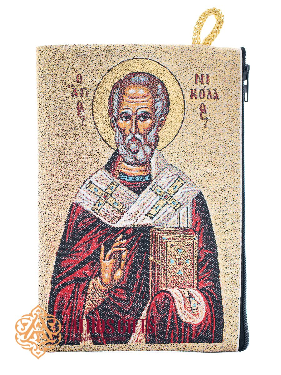 Fabric zippered wallet with gold embroidery featuring images of Saints Nicholas and Spyridon of Trimythous.