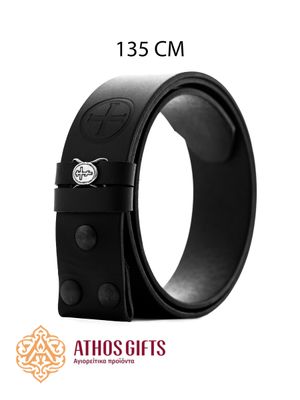 A belt made of 100% genuine black leather, with metal rings for attaching keys.