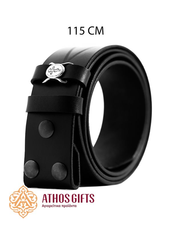 A belt made of 100% genuine black leather, with metal rings for attaching keys