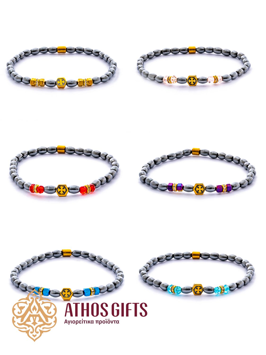 Bracelet made of hematite beads with metal inserts of various shapes and sizes