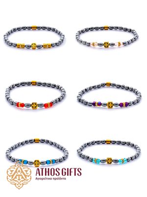 Bracelet made of hematite beads with metal inserts of various shapes and sizes