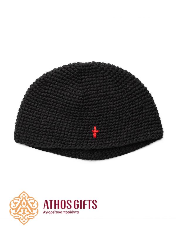 Monastic skufia hat, tightly knitted, black color, with a red cross.