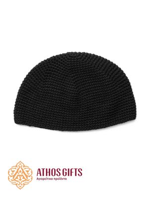 Monastic skufia hat, tightly knitted, black color, without pattern.