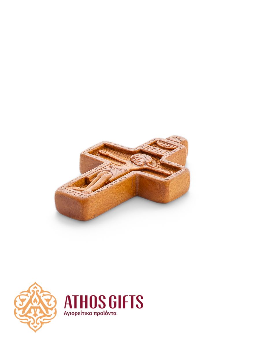 A carved wooden pectoral cross made by the monks of the Cell of Dositheou on Mount Athos.