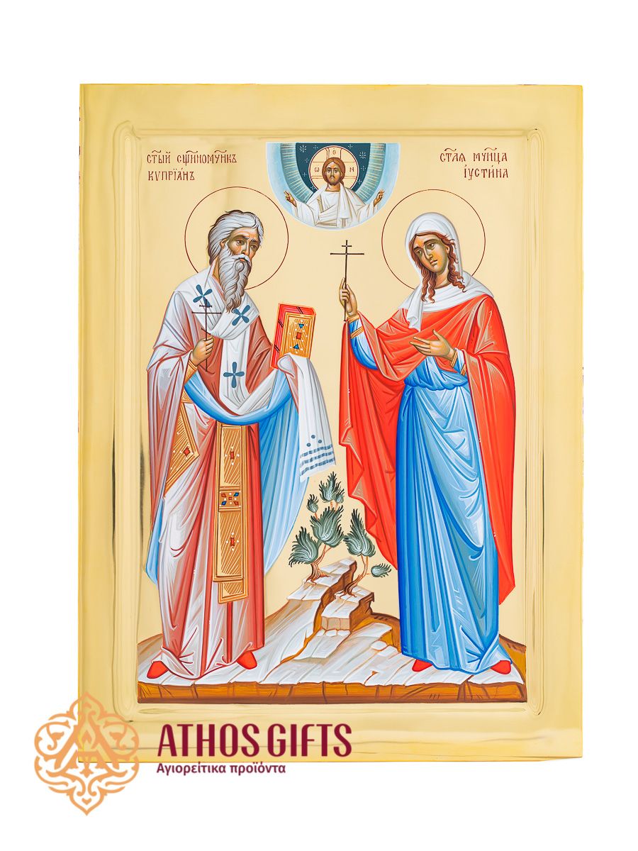 Handmade icon of Saints Cyprian and Justina, выполнed using the technique of water gilding