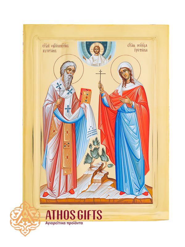 Handmade icon of Saints Cyprian and Justina, выполнed using the technique of water gilding