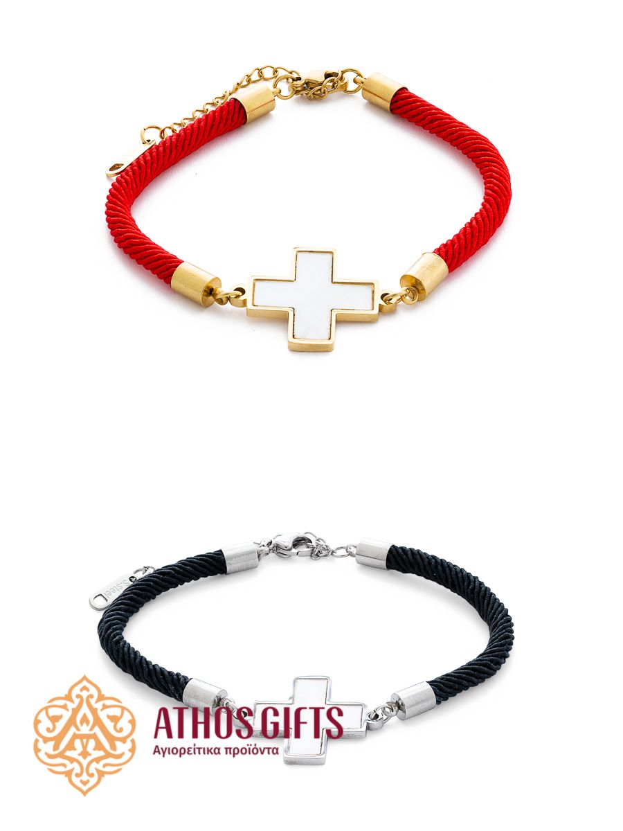 Woven bracelet made of decorative cord with metal inserts and a cross