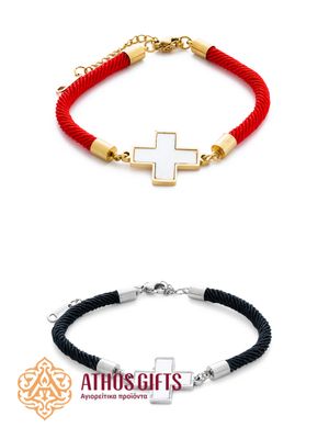 Woven bracelet made of decorative cord with metal inserts and a cross