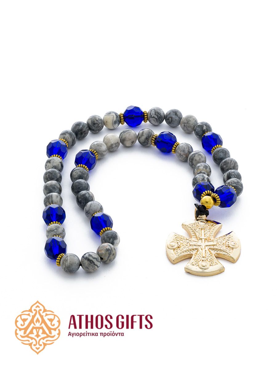 Prayer beads made of gray jasper with a cross, decorated with decorative elements.