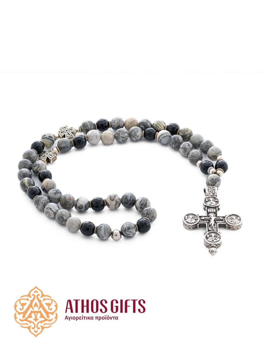 Prayer beads made of gray jasper with a cross, decorated with decorative elements.