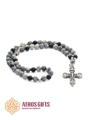 Prayer beads made of gray jasper with a cross, decorated with decorative elements.