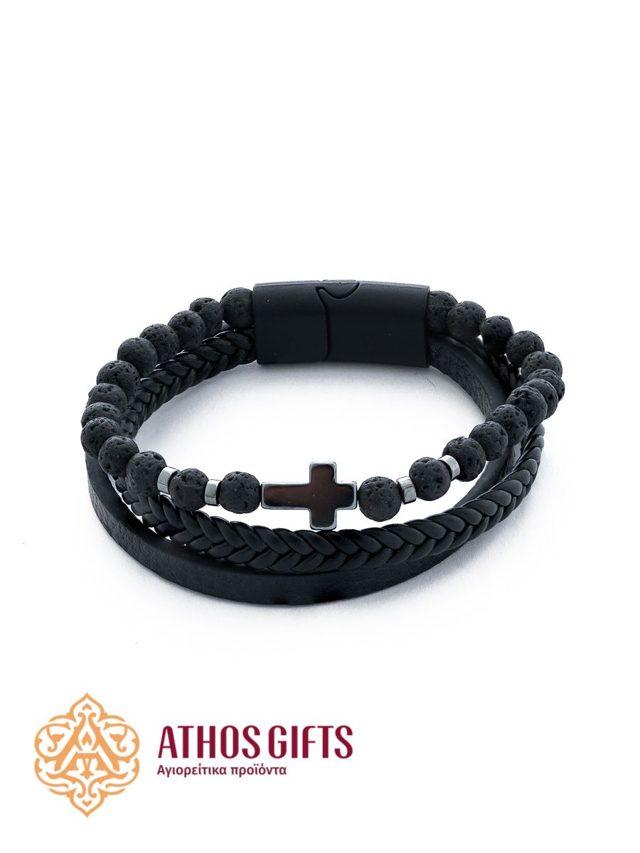 A three-layer bracelet with a magnetic clasp, featuring lava stone beads and hematite inserts.