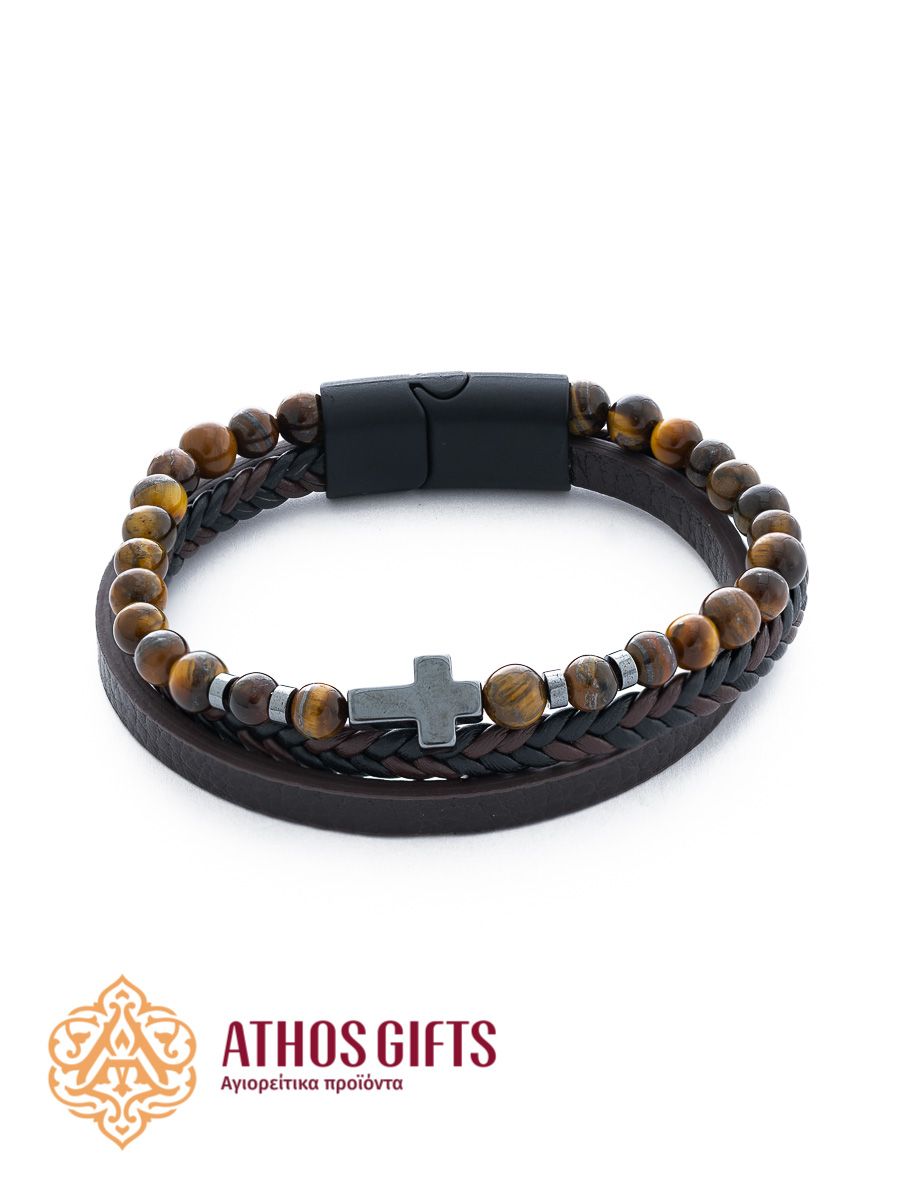 A three-layer bracelet with a magnetic clasp, featuring tiger’s eye beads and hematite inserts.