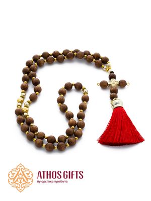 Wooden prayer rope with 50 beads and a red tassel.