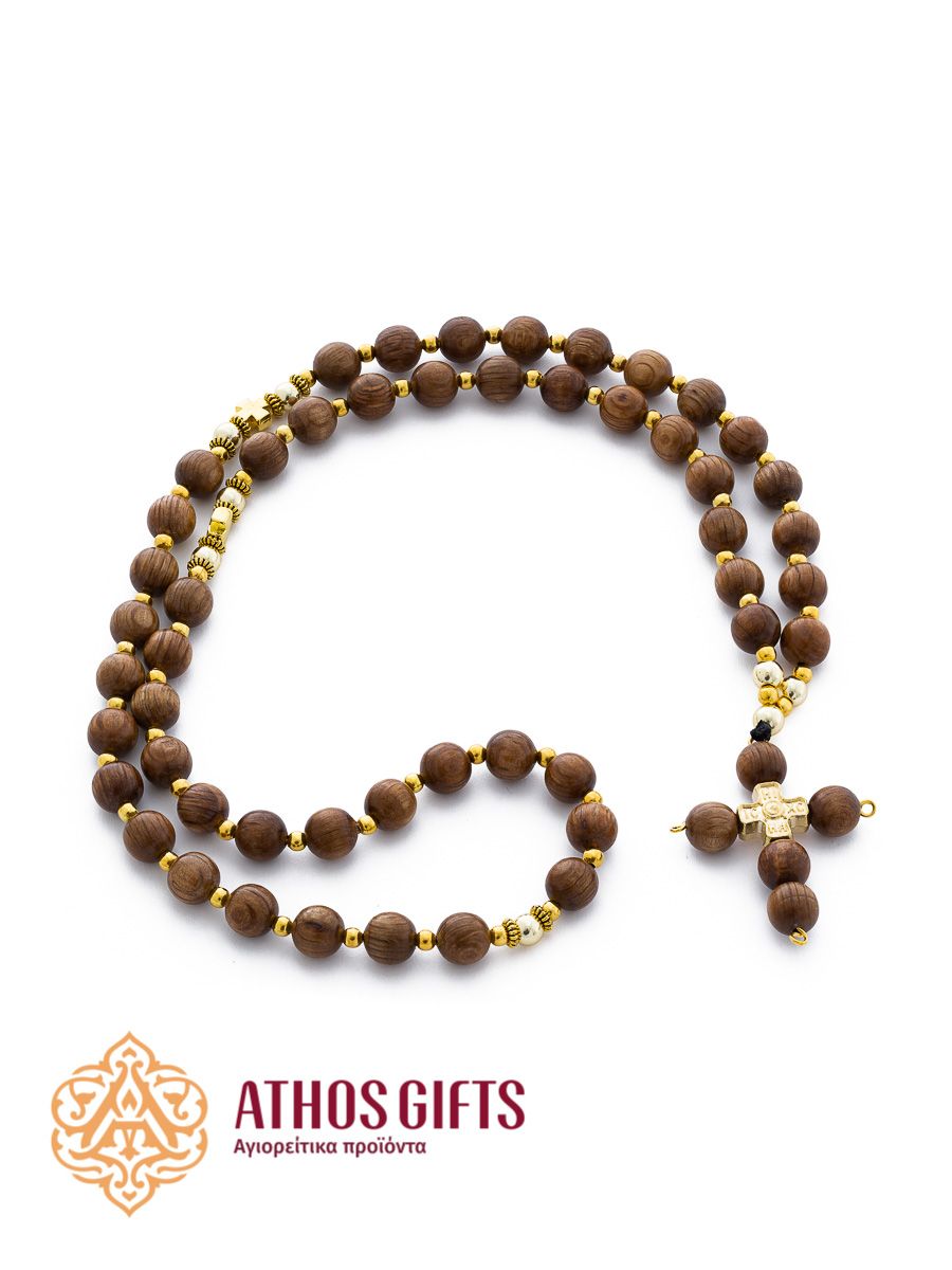 Wooden prayer rope with 50 beads and a cross.