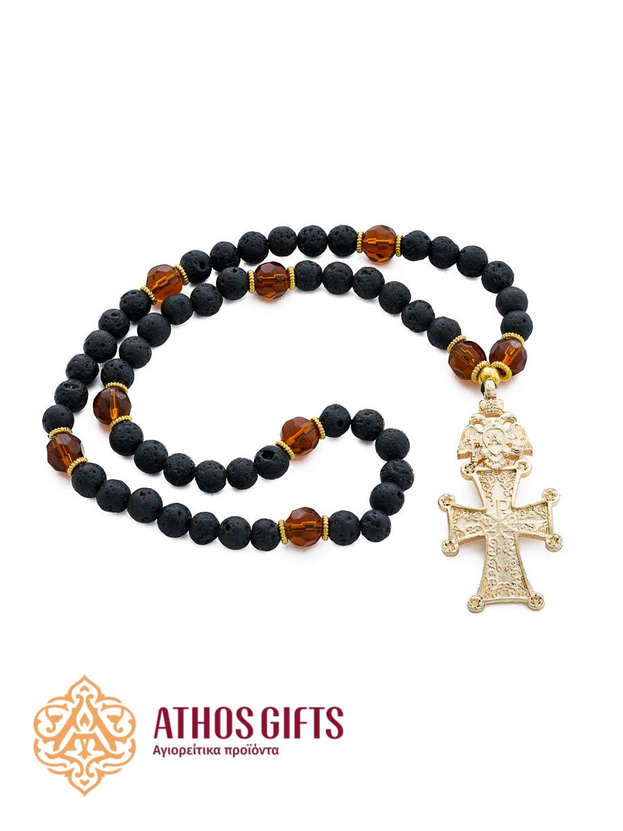 Prayer rope made of lava stone with a cross, decorated with decorative elements.