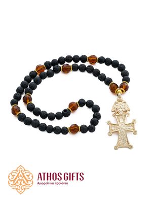 Prayer rope made of lava stone with a cross, decorated with decorative elements.