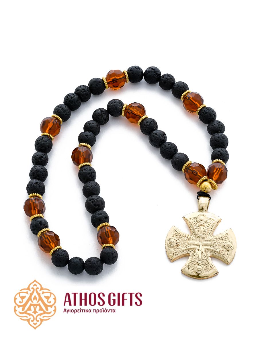Prayer rope made of lava stone with a cross, decorated with decorative elements.