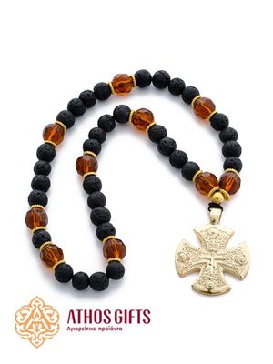 Prayer rope made of lava stone with a cross, decorated with decorative elements.