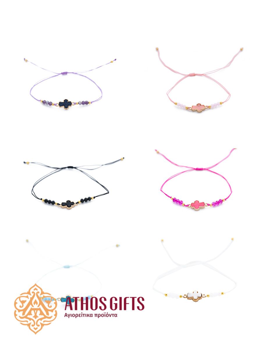 Bracelet made of decorative cord, adorned with glass beads and a cross woven into it