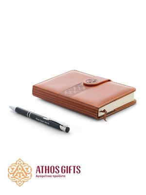 Notebook made of artificial leather with a bookmark, magnetic clasp, and a cardboard pocket on the inside of the cover