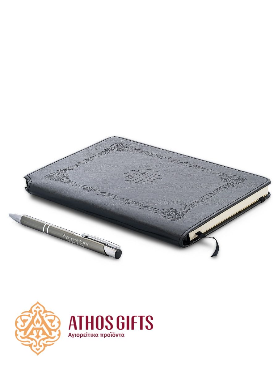 Notebook made of artificial leather with a bookmark, magnetic clasp, and a cardboard pocket on the inside of the cover