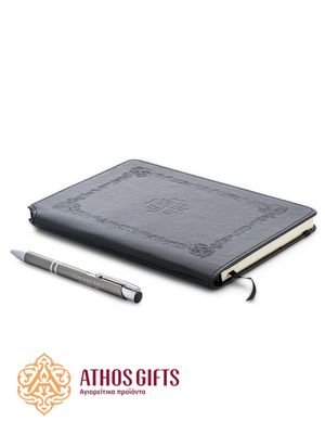 Notebook made of artificial leather with a bookmark, magnetic clasp, and a cardboard pocket on the inside of the cover