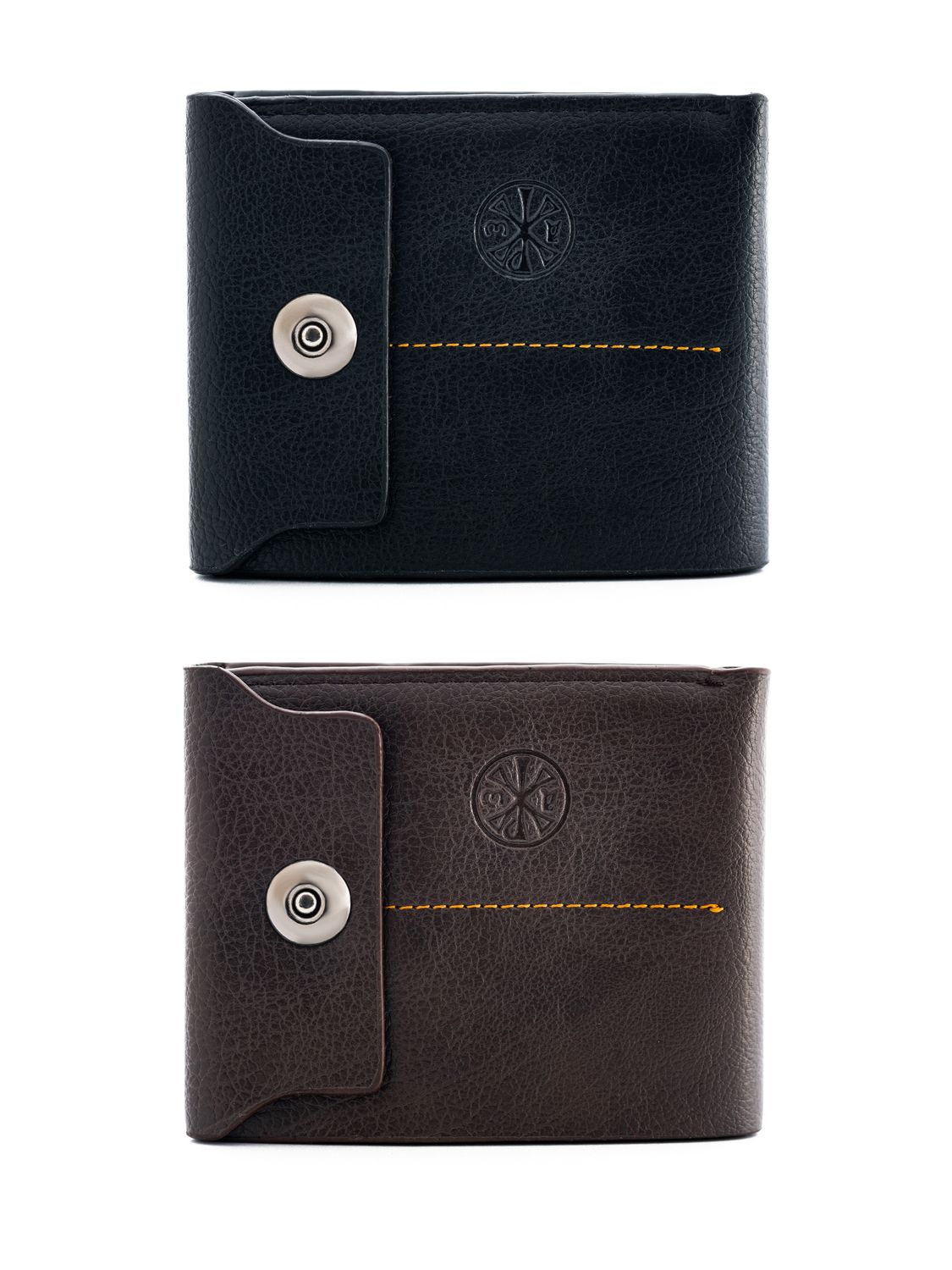 Men’s wallet with compartments for banknotes, coins, and plastic cards, with a snap-button closure.