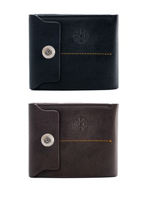 Men’s wallet with compartments for banknotes, coins, and plastic cards, with a snap-button closure.