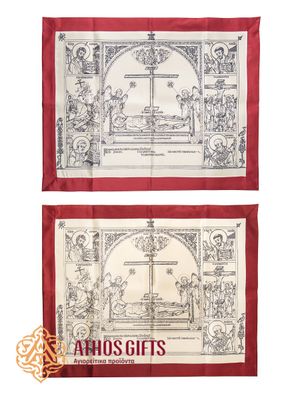 Antimension made of dense fabric with the image of the Crucifixion, the Entombment, and the Resurrection of the Lord
