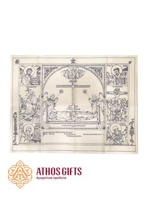 Antimins made of dense fabric with depictions of the Crucifixion, the Burial, and the Resurrection of the Lord.