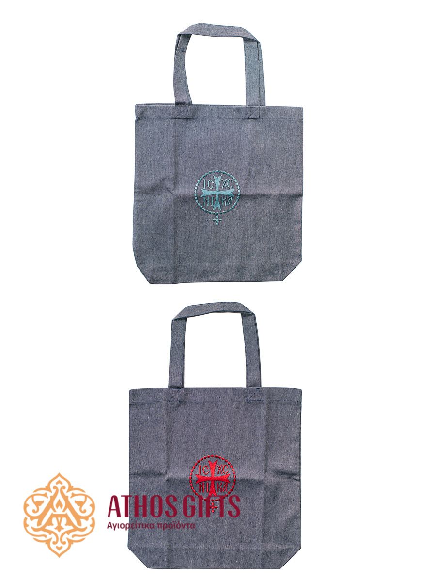 Square gray bag with handles made of dense natural fabric, embroidered with the Christogram “ΙΣ ΧΣ ΝΙΚΑ”.