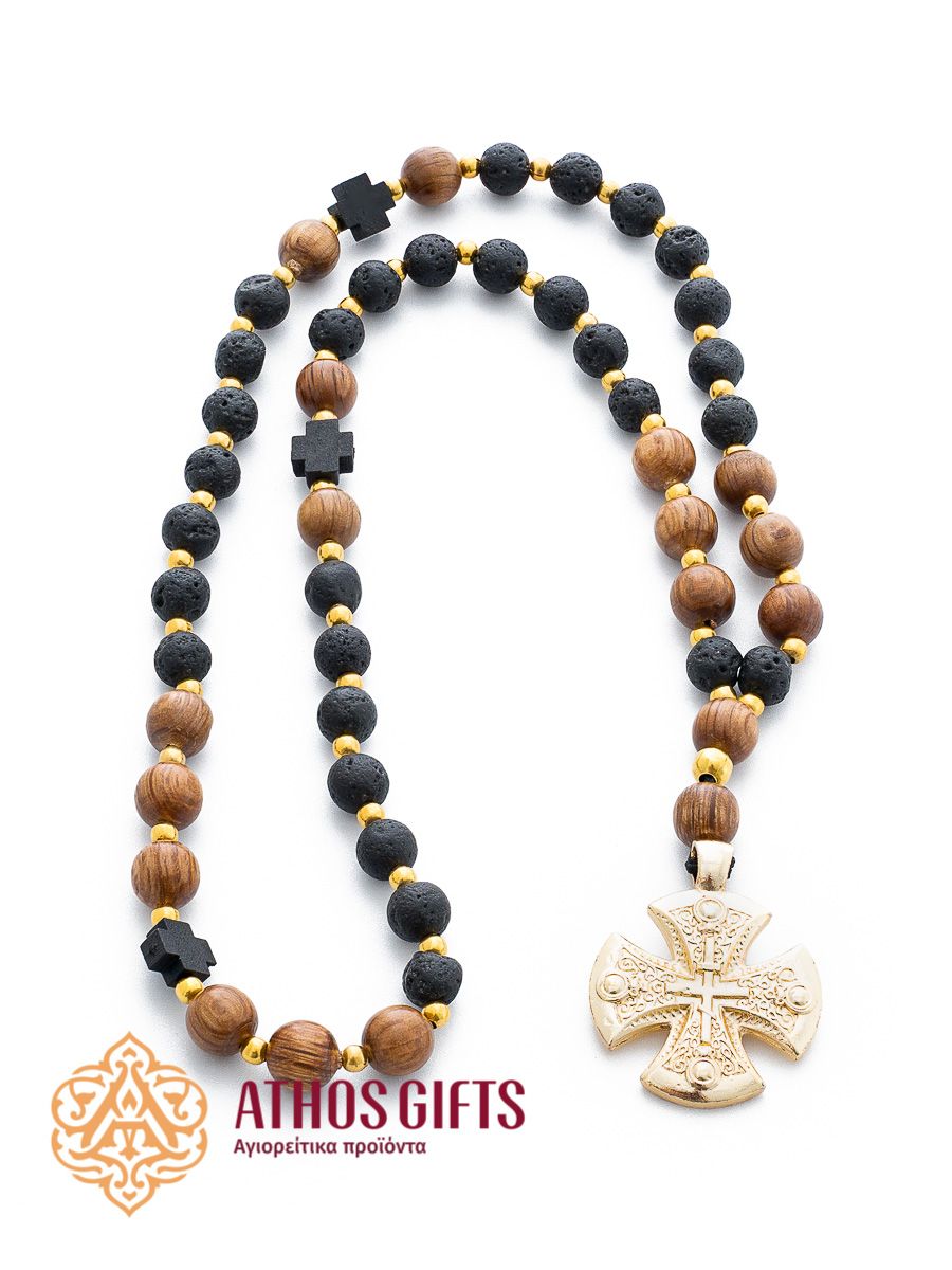 Wood &amp; volcanic lava prayer rope with 50 beads.