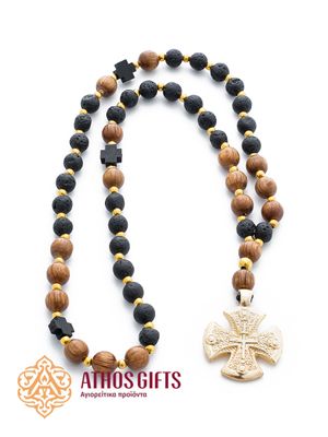Wood &amp; volcanic lava prayer rope with 50 beads.